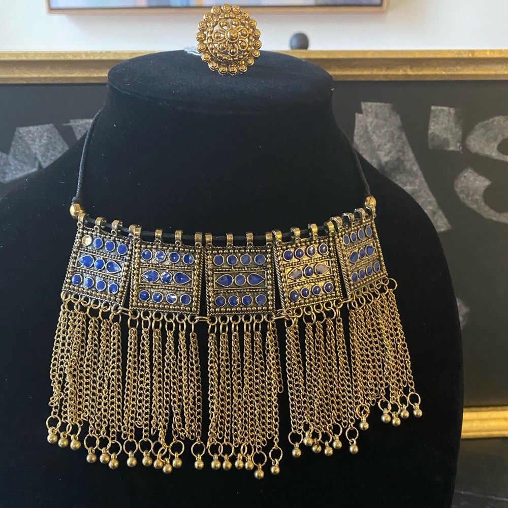 Brass colored oxidized necklace💎gold plated ring